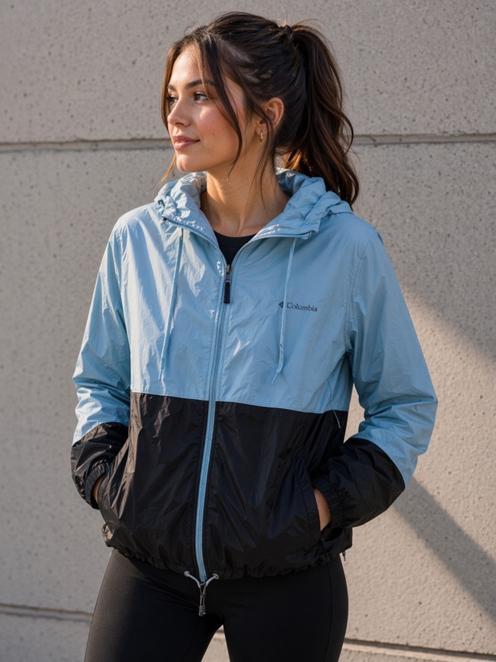 Columbia Blue Black Colorblock Windbreaker Hooded Jacket | Small